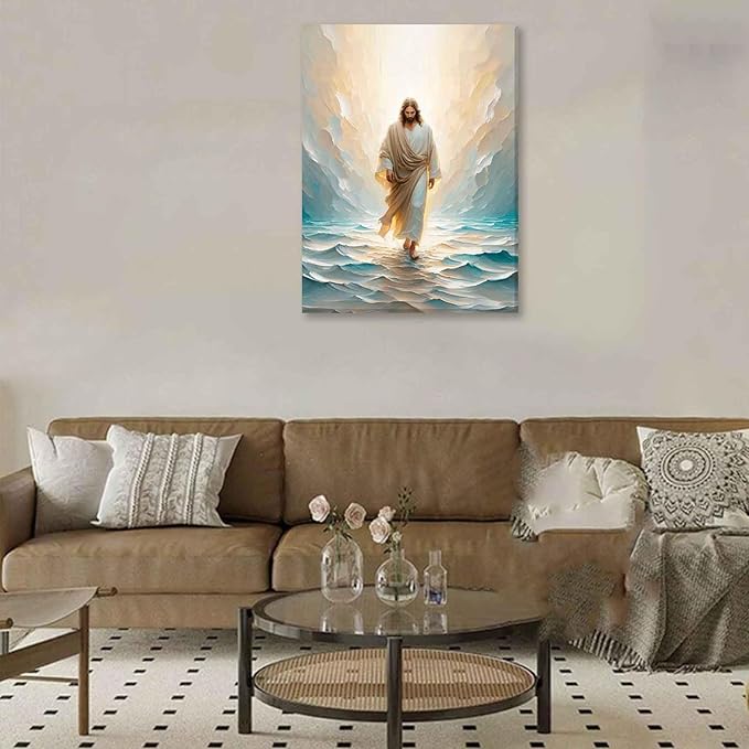 Jesus Walking On Water Canvas Wall Art Christian Bible Stories Wall Decor Picture Divine Light Modern Religious Poster Prints for Living Room Bedroom Church Home Decoration 12"x16"