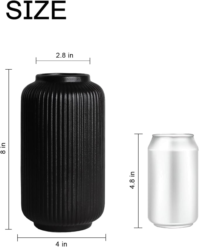 Matte Black Ceramic Flower Vase, 8 Inch Ribbed Vase for Pampas Grass, Fresh or Dried Flowers, Decorative Centerpiece for Living Room, Kitchen, Bookshelf, Office Decor