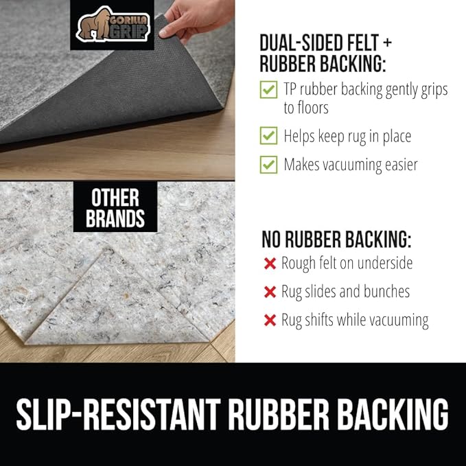 GORILLA GRIP Felt and Natural Rubber Stay in Place Slip Resistant Rug Pad, 1/8in Thick, 2x3 FT Protective Padding Under Area Rugs, Cushioned Gripper Pads, Carpet Runners, Hardwood Floors Protection