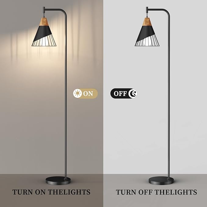 67" Industrial Floor Lamp with Wood & Black Metal Shade, Modern Standing Lamp, Rustic Farmhouse Tall Lamp for Living Room Bedroom Office, 2700K Bulb & Foot Switch Included (Black + Remote Control)