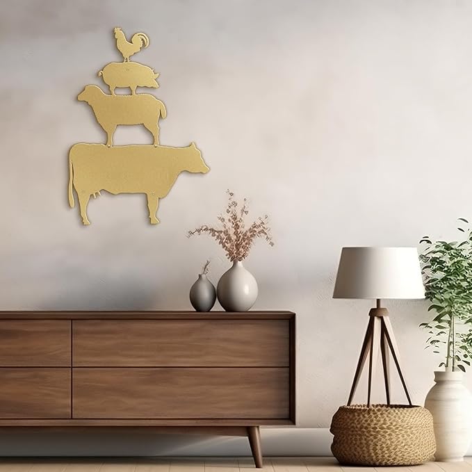 SIGNLEADER Metal Wall Art Decor Chicken, Pig, Horse, Cow Minimalist Modern Abstract Wall Sculpture Hangings Home Decoration for Living Room, Bedroom, Bathroom, Kitchen, Outdoor - 18" Gold