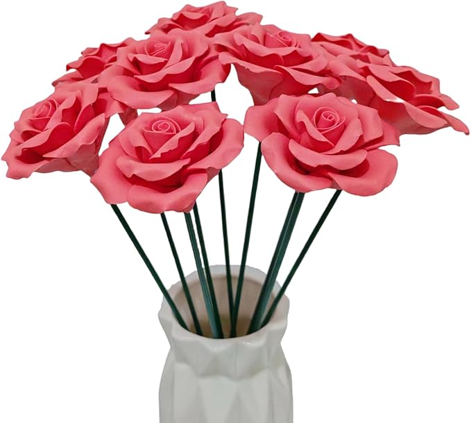 Handmade Porcelain 3D Ceramic Rose Flower, Eternal Flower Decoration for Home Office Decor, Creative Desktop vases, Porcelain Decorations, Set of 9 (red)