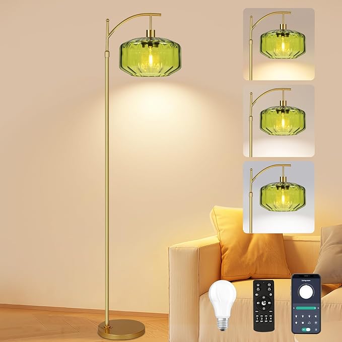 Arc Floor Lamps for Living Room Bedroom,Gold Floor Lamp with Remote Control & Glass lampshape,Dimmable Floor Lamp Modern Mid Century Modern Standing Lamp Vintage Tall Flower Lamp for Bedroom Corner