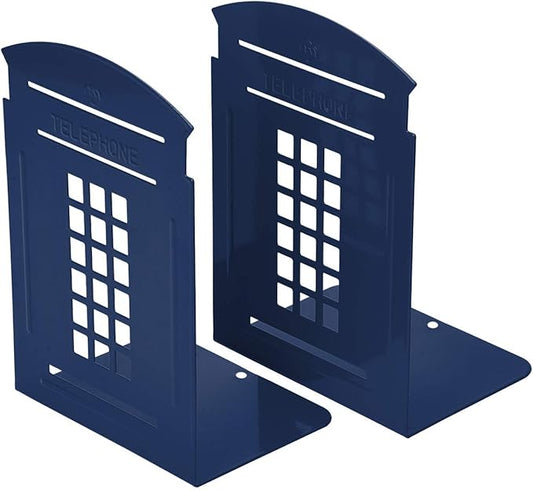 MerryNine 2 Pack Book Ends, Metal Bookends for Shelves, Telephone Booth Decorative Bookends, Non Skid Heavy Bookends, Book, Magazine or CD Organizers for Home and Office (Blue-2pcs)