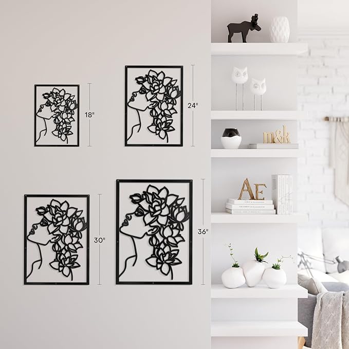 SIGNLEADER Metal Wall Art Decor Flowers Head Woman Modern Abstract Wall Sculpture Hangings Home Decoration for Living Room, Bedroom, Bathroom, Kitchen, Outdoor - 18" Black