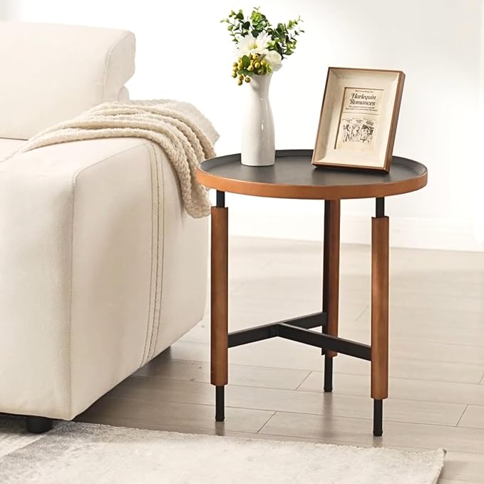 LukeAlon Modern Round Side Table for Living Room - Circle Wooden Table Top with Black Cross Legs Base, Rustic, Vintage, Easy Assembly, Black (19" D x 19" W x 21.5" H)