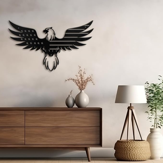 SIGNLEADER Metal Wall Art Decor Eagle Wearing American Flag Minimalist Modern Abstract Wall Sculpture Hangings Home Decoration for Living Room, Bedroom, Bathroom, Kitchen, Outdoor - 18" Black
