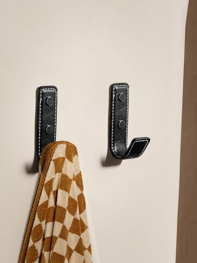 2 Pack Black Leather Coat Hooks Wall for Hanging Rectangle Coat Hooks for Hanging Robe Towels Bags Hats Scarf Keys Clothes Suitable for Bedroom, Entryway and Closet