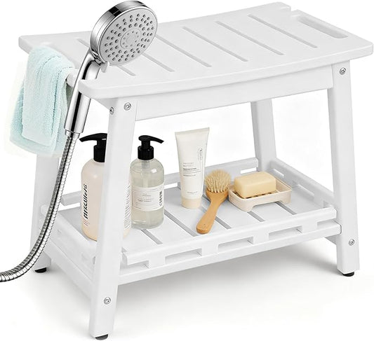 Large HDPE Shower Bench Seat for Shaving Legs, Waterproof Shower Stool with Storage Shelf for Bathroom, White