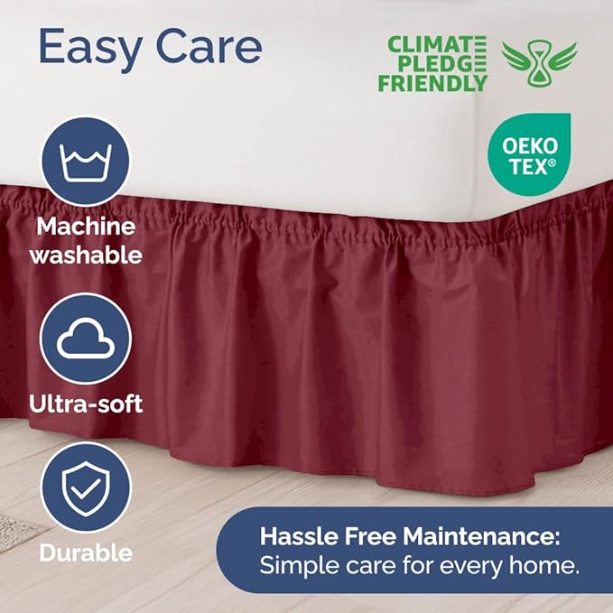 Wrap Around Dust Ruffle Bed Skirt - Burgundy - Twin/Twin XL Size Beds with 24 Inch Drop - Easy Fit Elastic Strap - Adjustable Pleated Bedskirt w/Brushed Fabric Wrinkle Free - Women, Men, Kids & Teens