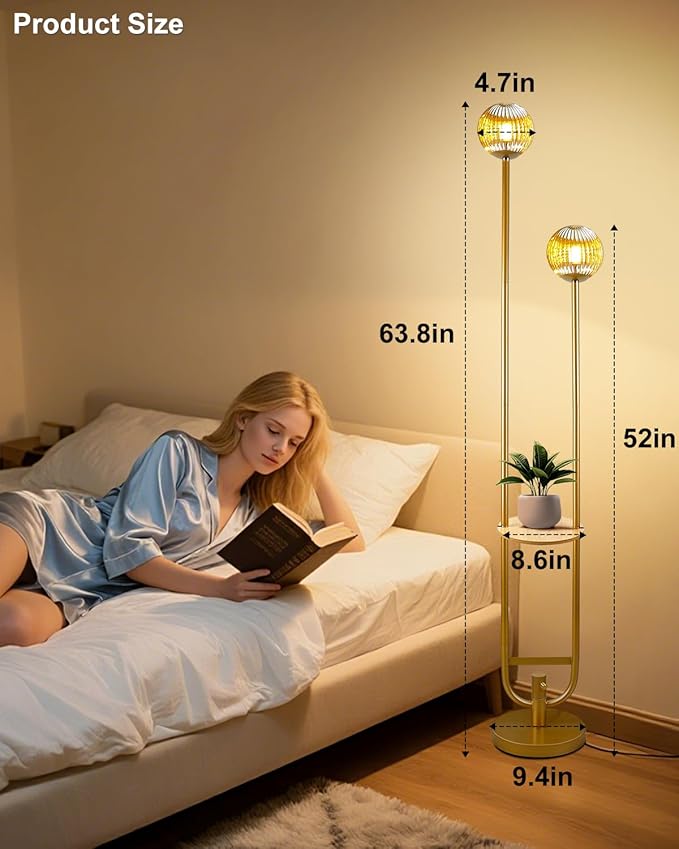 ACOHOOK Glass Floor Lamp with Tray, Gold Dimmable Globe Floor Lamp for Wedding/Party, 2Pcs 3000K Soft Warm White Bulbs Included, Mid Century Modern Standing Lamps for Living Room Bedroom