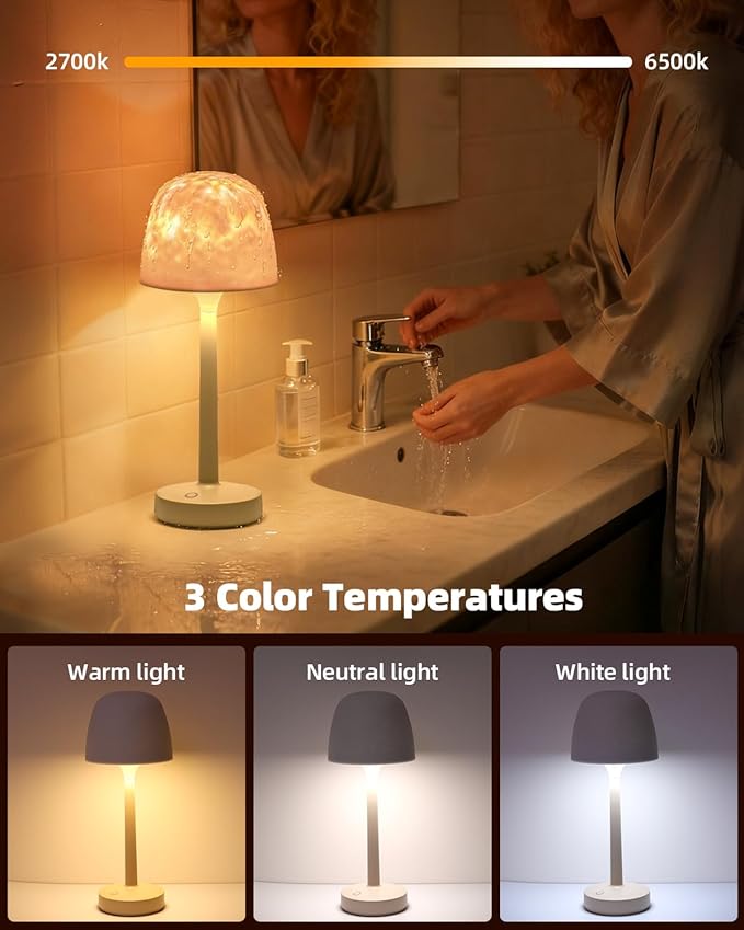 Shower Lamp, Waterproof Bathroom Light with 16-Color Ocean Wave Projector, Rechargeable & Cordless with Touch and Remote Control for Bathtub and Shower