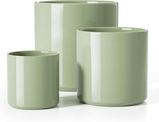 LE TAUCI Ceramic Pots for Plants, 10/8/6 Inch Indoor Planters with Draiange Hole, Silicone Plug & Mesh Pad, Modern Minimalist Pots for Home Office, Set of 3, Glossy, Sage Green