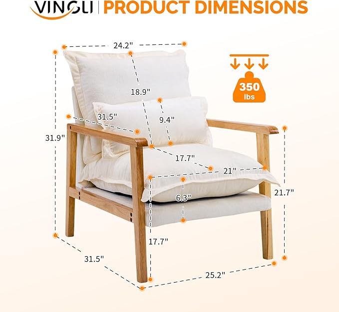 VINGLI Mid-Century Modern Cloud Accent Armchair with Lumbar Pillow, 6.3'' Thick Seat Cushion Comfortable Reading Chair with Wooden Armrests，Boho Lounge Chair for Bedroom, Living Room, Chenille, Beige