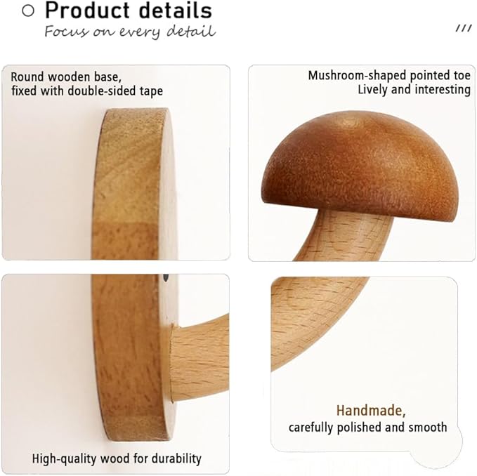 Wooden Mushroom Coat Hooks, Mushroom-Shaped Coat Hangers, Wall Mounted Towel Hanger, Solid Wood, Colorful, Set of Hooks with Screws (4 Hooks & 8 Screws)