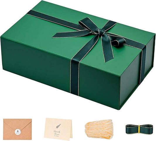 LIFELUM Green Gift Box for Presents 1 Pack 13.85 x 8.35 x 4.45 inch Big Decorative Large Gift Box for Clothes with Magnetic Lids Luxury Accessories Card, Ribbon, Filler,Sticker