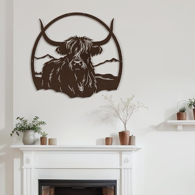 SIGNLEADER Metal Wall Art DecorHighland Cow with Mountain Minimalist Modern Abstract Wall Sculpture Hangings Home Decoration for Living Room, Bedroom, Bathroom, Kitchen, Outdoor - 18" Bronze