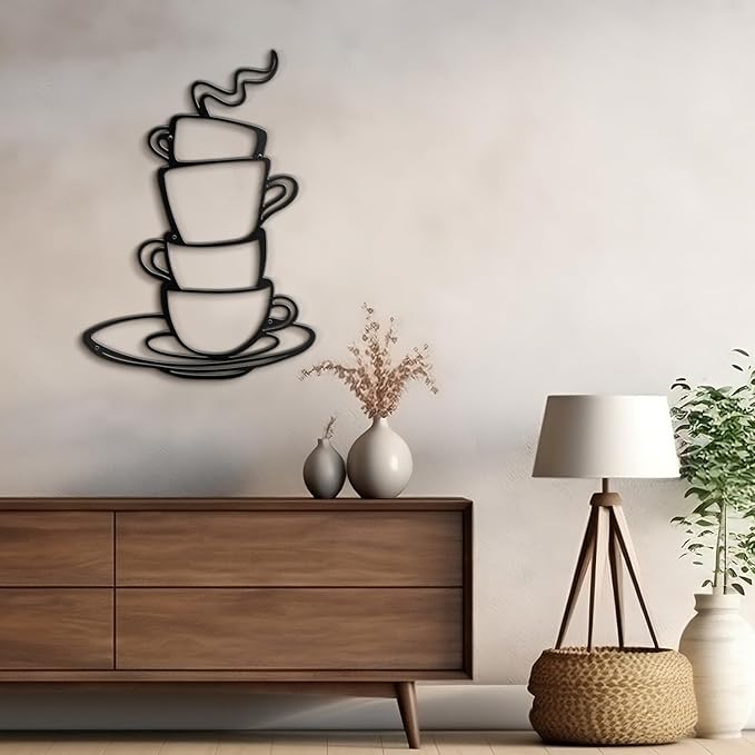 SIGNLEADER Metal Wall Art Decor Coffee Cup Modern Abstract Wall Sculpture Hangings Home Decoration for Living Room, Bedroom, Bathroom, Kitchen, Outdoor - 18" Black