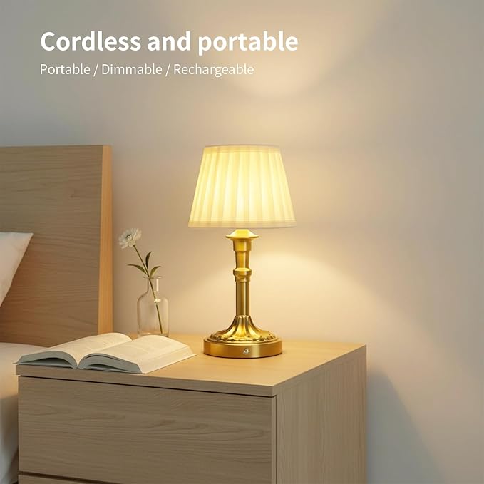 Portables Cordless Table Lamp Set of 2, Fabric Shade Des Lamps,5200mAh Battery Operated,3 Color Stepless Dimming Up,for Restaurant, Bedroom, Camping, Bar, Coffee Shop, (Bronze)