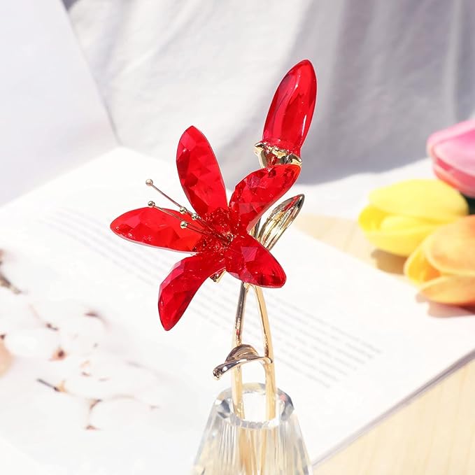 Red Crystal Pink Lily Flower Figurine with Stems - Handmade Collectible Statue for Decoration Mothers Day Centerpiece Valentines Day Bridal Shower Gift