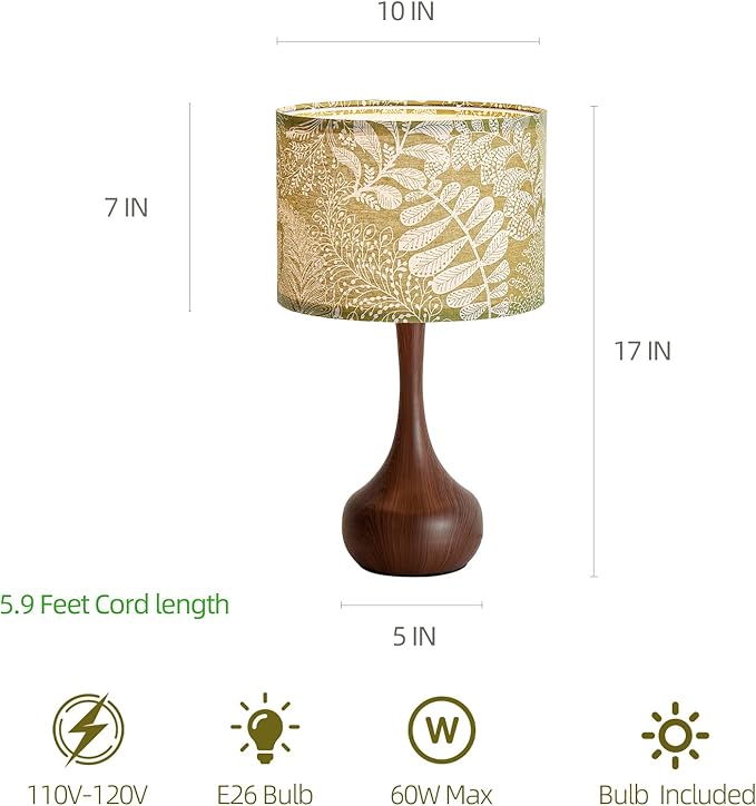 Vintage Boho Green Flower Fabric Red Wood Pattern Bedside Nightstand Table Lamp Set of 2 for Bedroom, Mid Century Modern Farmhouse Decorative Table Lamp Desk Lamp for Living Room Hallway Home Office