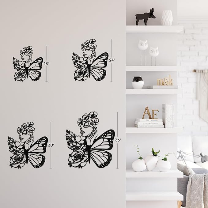 SIGNLEADER Metal Wall Art Decor Woman with butterfly Wings Minimalist Modern Abstract Wall Sculpture Hangings Home Decoration for Living Room, Bedroom, Bathroom, Kitchen, Outdoor - 18" Black