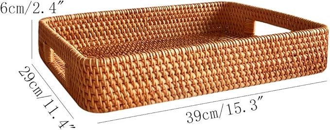 i-lan 15 Inch Large Size Handwoven Serving Tray, Decorative Rectangular Rattan Basket Bread Trays with Handles and 2.3”Wall, Vintage Organizer Plate Wicker Basket Tray for Dessert, Snack, Candy, L