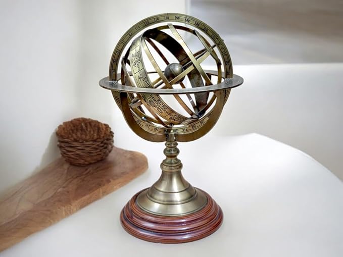 Antique Vintage Zodiac Armillary Decorative Globe with Wooden Base - 5 Inch Brass Sphere World Globe Zodiac Engraved Celestial, Antique Ship Decor