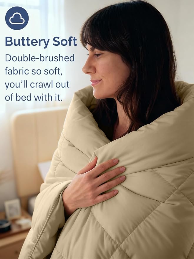 Full Size, Beige Alternative Down Comforter - Warm and Lightweight - Luxury and Breathable Hotel Quality Bedding Set - All Season Fluffy and Cozy Oversized Cooling Microfiber Duvet Insert Comforter