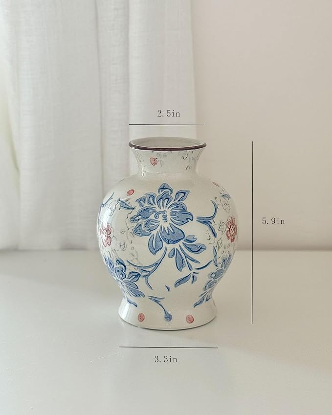 Vintage Blue and White Ceramic Vase, Classic Decorative Porcelain Flower Vase for Centerpiece Living Room Table Shelf, Chinoiserie Country Decor