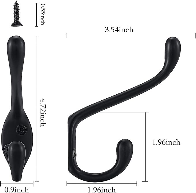 Coat Hooks 5 Pack - Heavy Duty Wall Mounted Two Prongs Double Hooks Matte Black Door Hooks for Hanging Clothes/Towels - Sturdiness Design with Better Mounting System