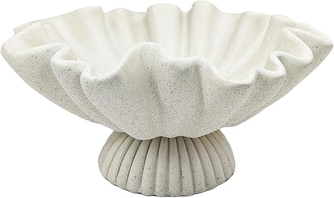 Scalloped Ruffle Decorative Bowl for Home Decor - Large Resin Pedestal Bowl - 10" Key and Purse Bowls for Entryway Table, Artificial Coastal Decor Light Beige