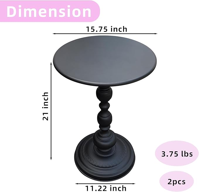 Benkyo Set of 2 Black Pedestal Round Side End Table，Small Metal Vintage Tables Iron Drink Table Circle Cocktail Table Coffee Table for Living Room Bedroom Samll Spaces