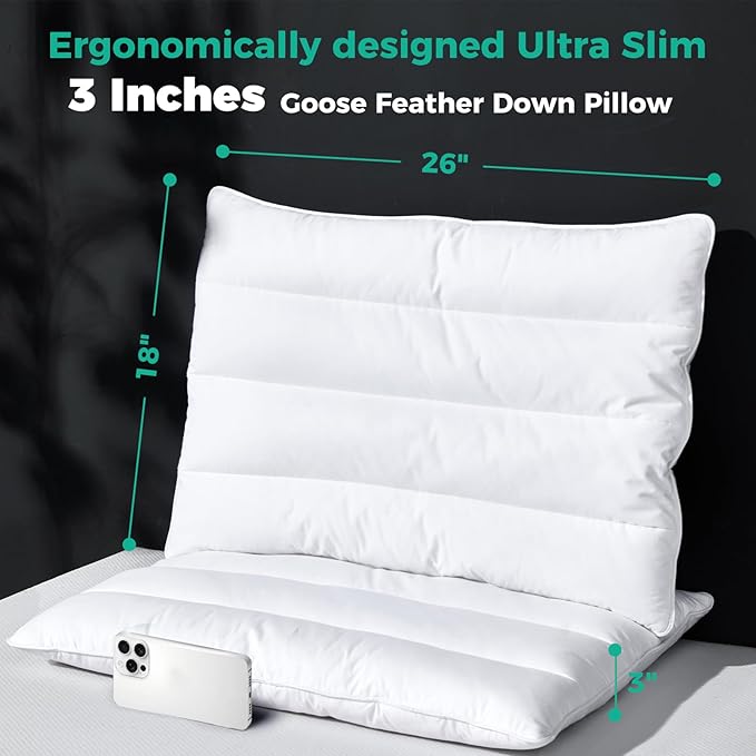 Three Geese Luxury Flat Thin Goose Feather Down Pillows Standard Size, 3" Height, 100% Cotton Cover, Medium Firm Hotel Collection Ultra Slim Thin Bed Pillows, Machine Washable, 18 x 26 Inches