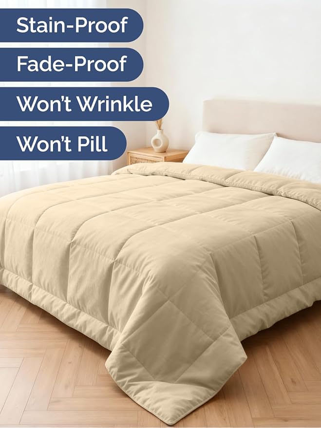 Full Size, Beige Alternative Down Comforter - Warm and Lightweight - Luxury and Breathable Hotel Quality Bedding Set - All Season Fluffy and Cozy Oversized Cooling Microfiber Duvet Insert Comforter