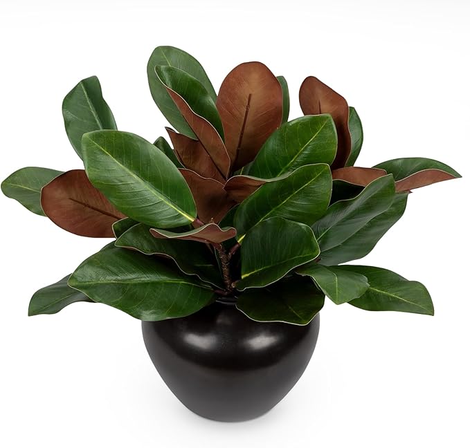 4PCS 17.7 Inch Magnolia Artificial Leaves Branches 3D Real Touch 28 Leaves Bulk Faux Magnolia Stems for Indoor Outdoor Vase Filling Home Wedding Floral Arrangement Decoration