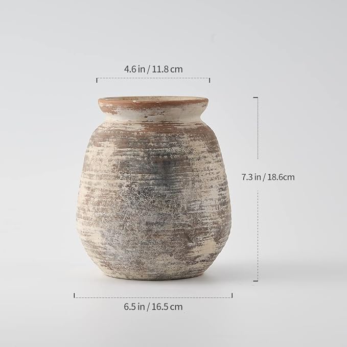 SIDUCAL Ceramic Rustic Vase, Whitewashed Terra Cotta Vase, Distressed Farmhouse Décor, Pottery Decorative Flower for Home Decor, Table, Living Room Decor, Shelf, Mantel, 7.3 Inch, Terra