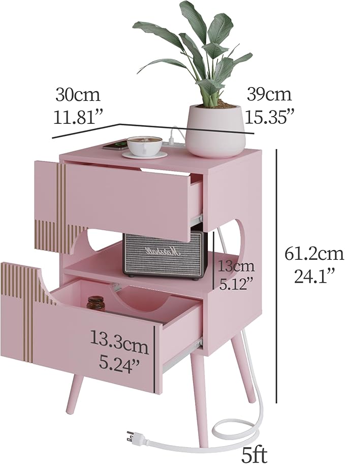White Nightstand with Charging Station and LED Lights,Modern Bedside Table with 2 Storage Drawer,Night Stand with Solid Wood Legs,White (Pink)