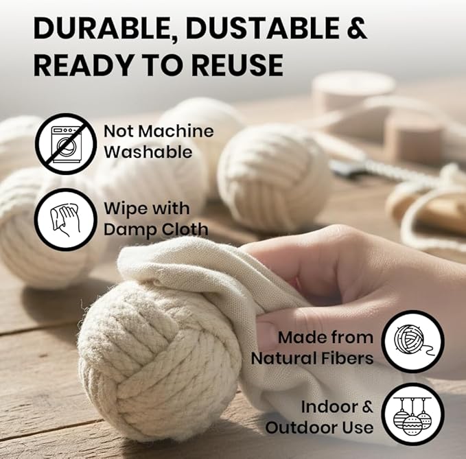 Set of 6 Cotton Rope Balls – Decorative Nautical Accents – for Vase Fillers, DIY Crafts, Rustic Living Room Decor – Handmade Knot Ornaments for Tray Styling, Coastal Display, or Housewarming Gift