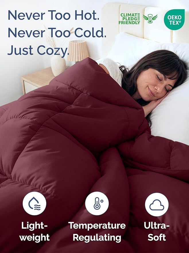 Full Size, Burgundy Alternative Down Comforter - Warm & Lightweight, Luxury and Breathable Hotel Quality Bedding Set - All Season Fluffy and Cozy Oversized Cooling Microfiber Duvet Insert Comforter