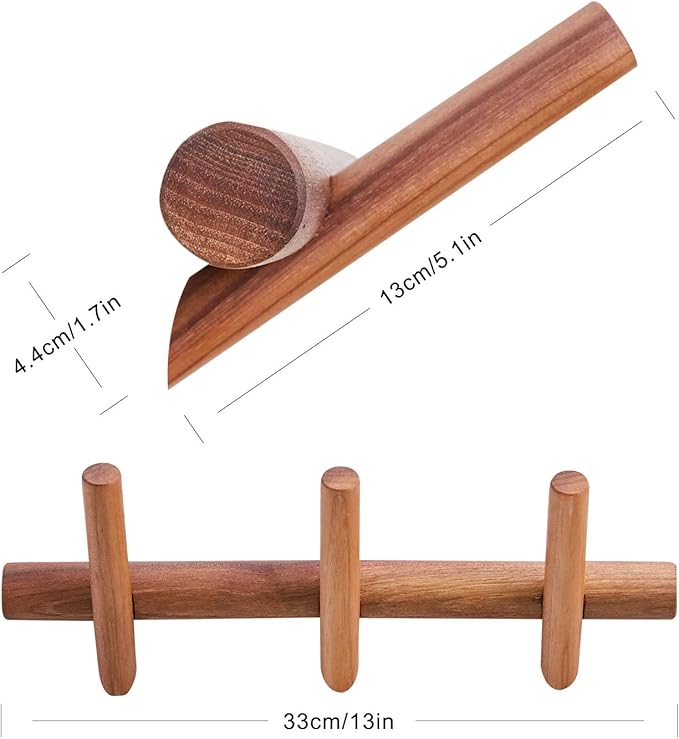 Wood Coat Hooks Wall Mounted Hat Rack Tower Hanger Wall Hooks Decorative Hanger with Pegs Entryway Bedroom Bathroom（Black Walnut，3 Hooks）