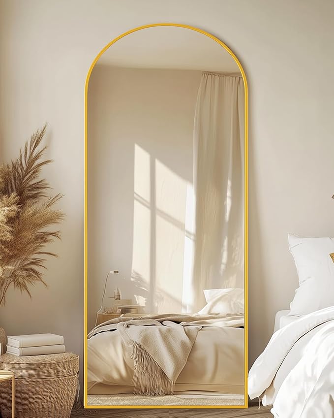 Full-Length Floor Mirror with Stand, 58"x18" Arched Style Full Body Standing Mirror for Bedroom, Living Room, Gym, Dorm - Shatter-Resistant & Easy Assembly, Gold