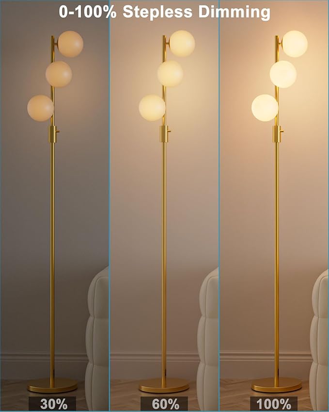 Lightdot 64IN Dimmable Globe Floor Lamp, Gold Standing Lamps with 3pcs 3000K G9 Bulbs Soft Warm White Eye Care, Mid Century Floor Lamp for Living Room