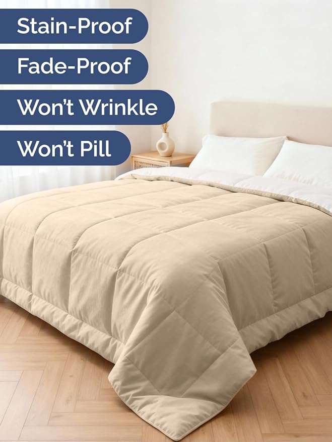 Queen Size, Cream & Antique White Reversible Alternative Down Comforter - Warm Lightweight Breathable Hotel Quality Bedding Set - All Season Fluffy Oversized Cooling Microfiber Duvet Insert Comforter
