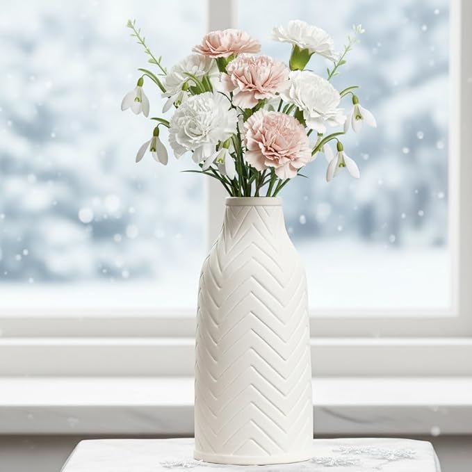 White Ceramic Vase with Chevron Texture - 8.6" Unique Flower Vase for Pampas Grass & Centerpieces, Decorative Boho/Farmhouse Vase for Living Room, Office Desk & Housewarming Gift (for Her/Yourself)