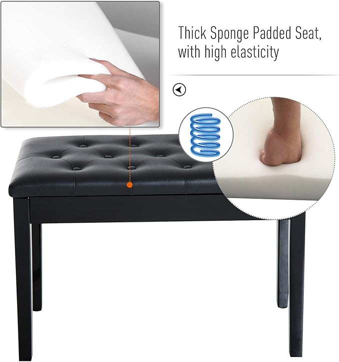 HOMCOM Piano Bench, Duet Piano Chair with Faux Leather Padded Cushion and Wooden Frame, Button Tufted Keyboard Bench, Black