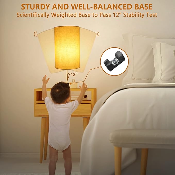 HiBay 17.75" Dimmable Bedside Table Lamp with Charging Station - 2 USB Ports & AC Outlet, Modern White Nightstand Light with Round Fabric Shade for Bedroom Living Room Office, Bulb Included