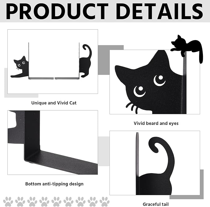 Geelin Stretching Black Cat Metal Bookends Set of 2 Styles Book Ends for Shelves Decorative Bookshelf Home Office Desk Bookshelf Decor Gift for Cat Lovers and Reading Enthusiasts