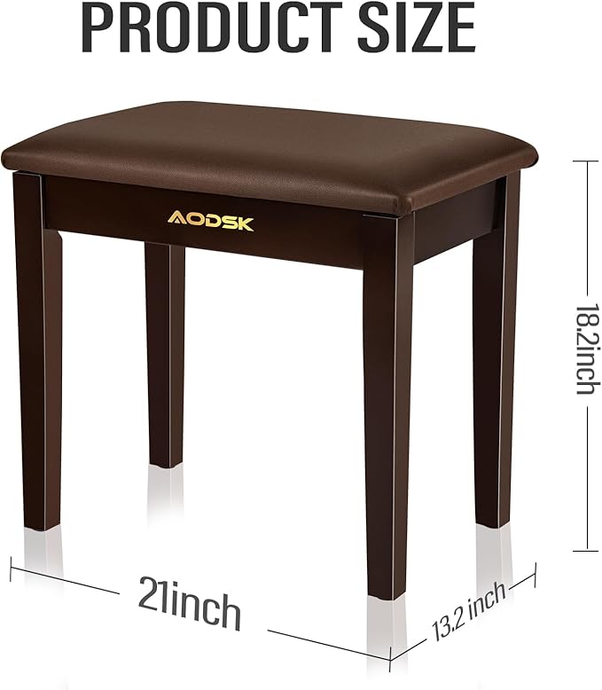 AODSK Piano Bench with Cushion,Solid Wood Keyboard Bench Piano Chair Piano Seat,Brown Piano Stool,13.21 x 21 x 18.2 Inches