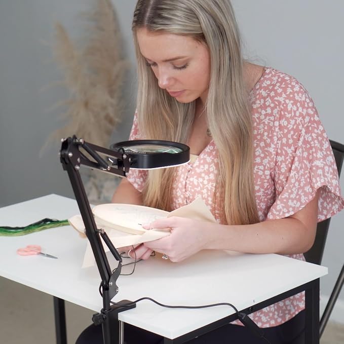 YOCTOSUN 10X Magnifying Glass Lamp with 6 Color Modes Stepless Dimmable, 96 LEDs and 5" Real Glass Lens, Adjustable Swivel Arm Desk Magnifier with Light and Stand for Crafts Hobby Close Work